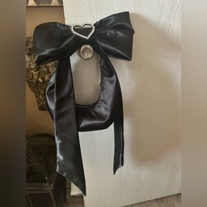 Black Satin Bow Hair Scarf with Crystal Heart Accent